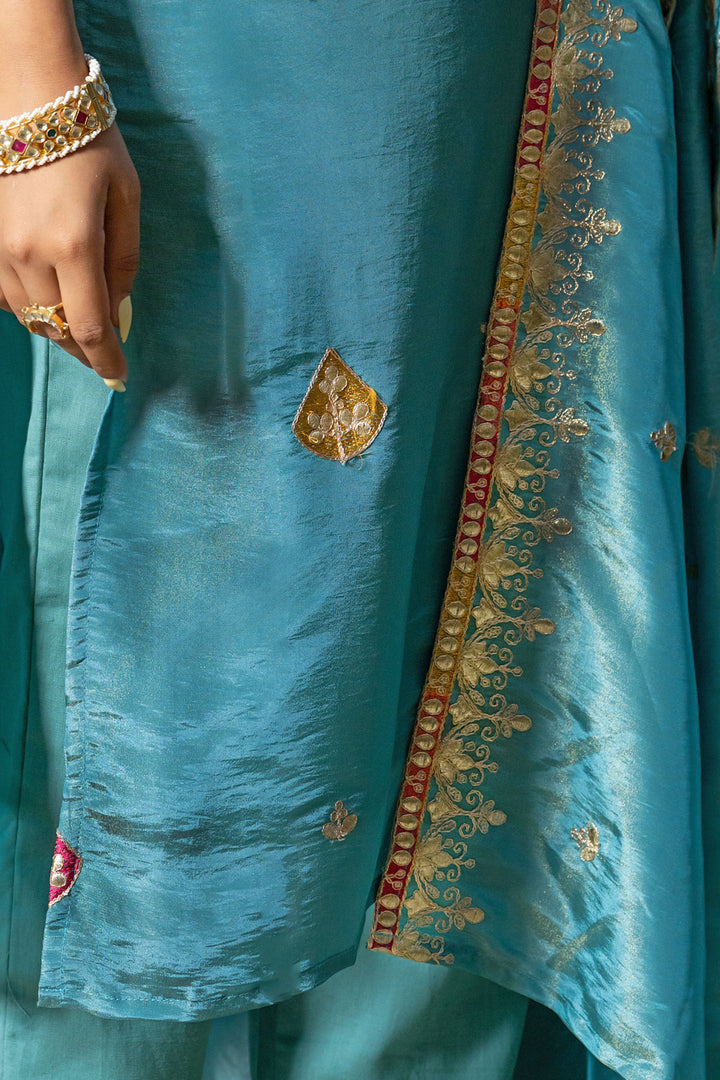 Turquoise Tissue Embroidery Kurta Set