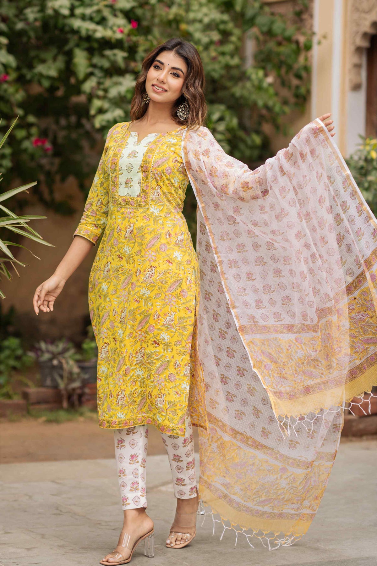 Yellow Floral Patch Kurta Set PRINTSVALLEY