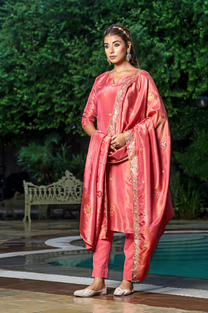 Pastel Red Tissue Embroidery Kurta Set