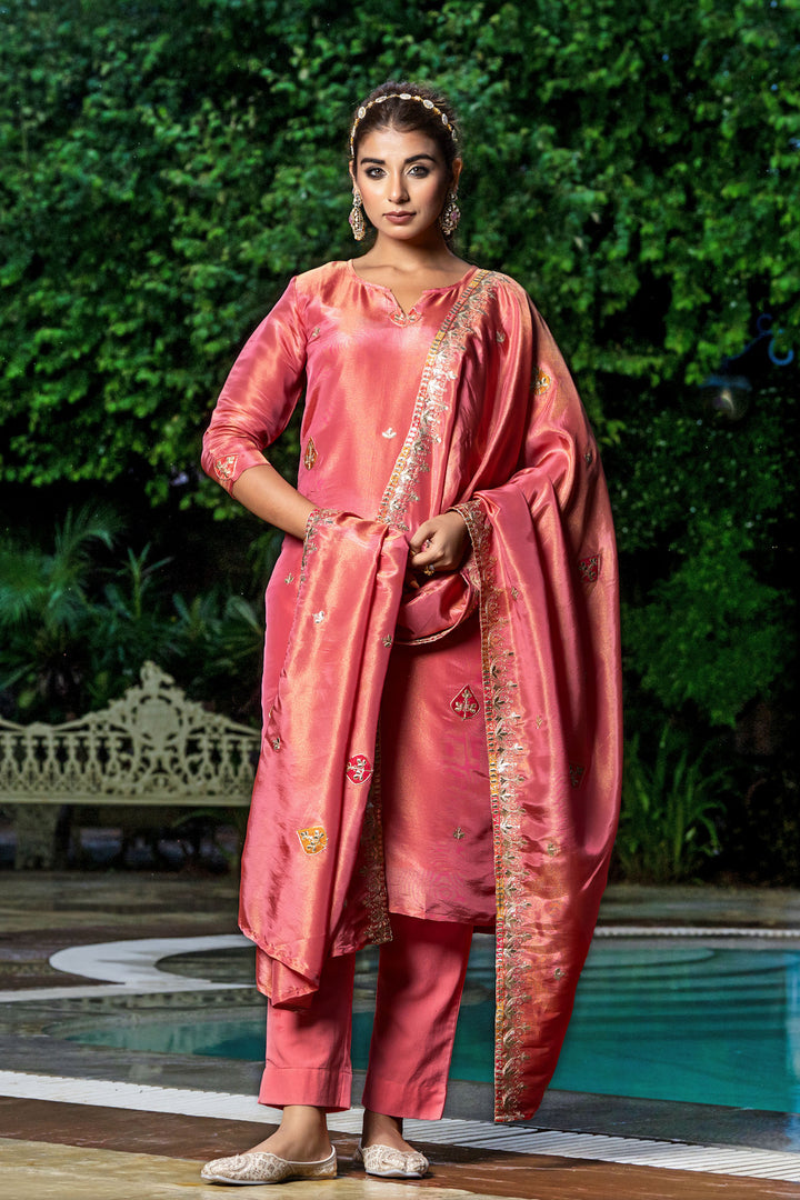 Pastel Red Tissue Embroidery Kurta Set