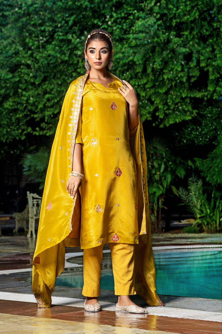 Yellow Tissue Embroidery Kurta Set
