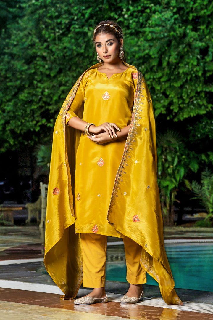 Yellow Tissue Embroidery Kurta Set