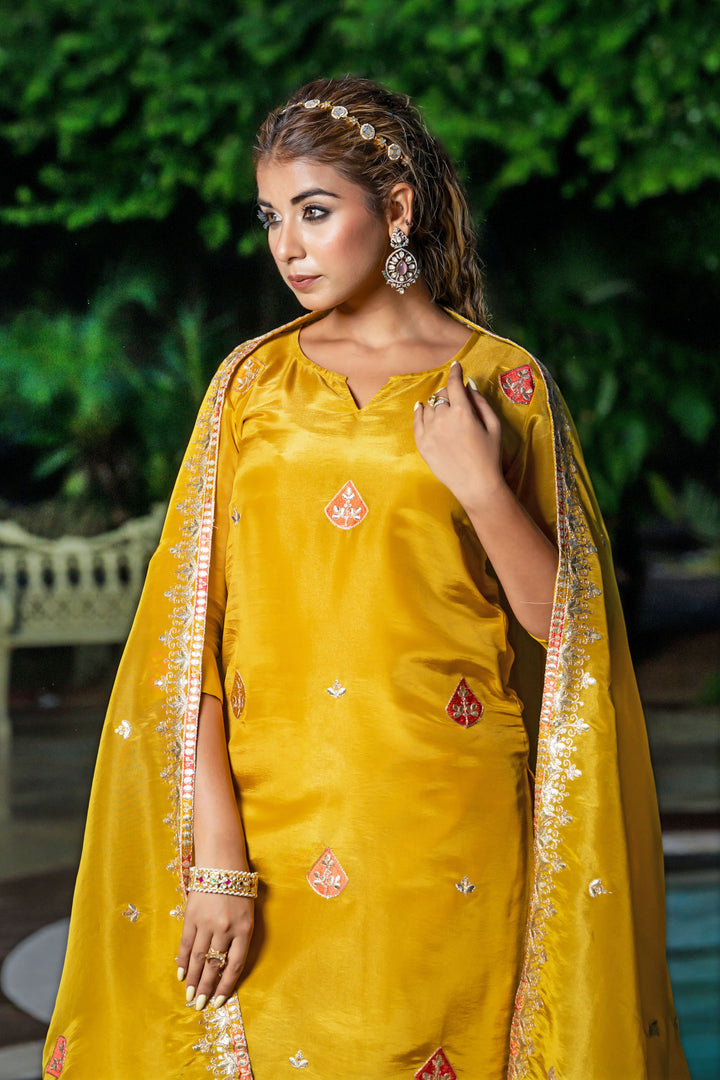 Yellow Tissue Embroidery Kurta Set