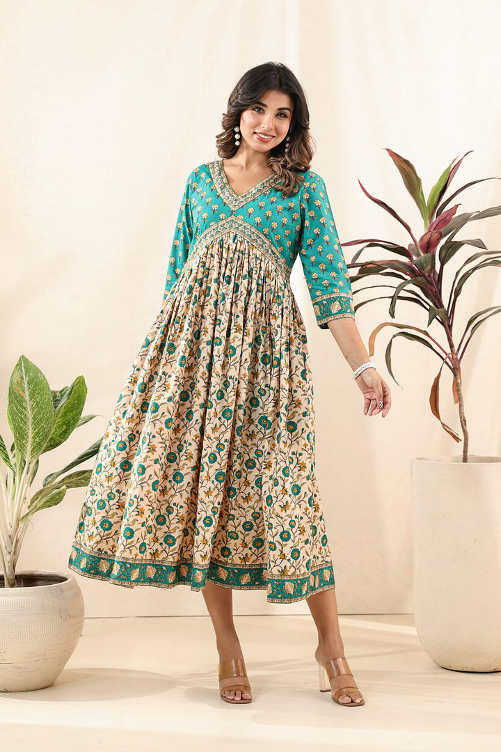 Turquoise Beige Flare Nyra Dress