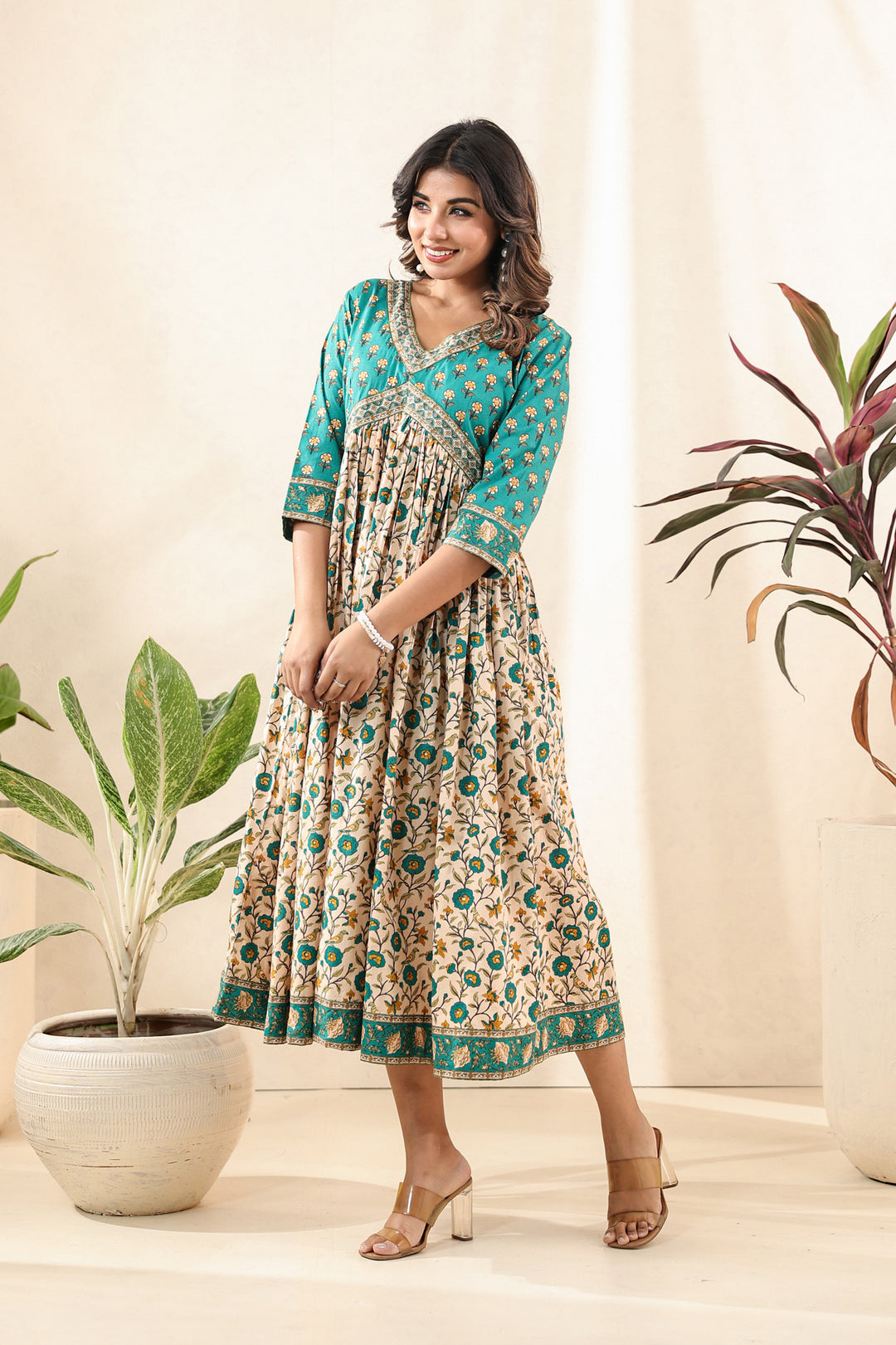 Turquoise Beige Flare Nyra Dress