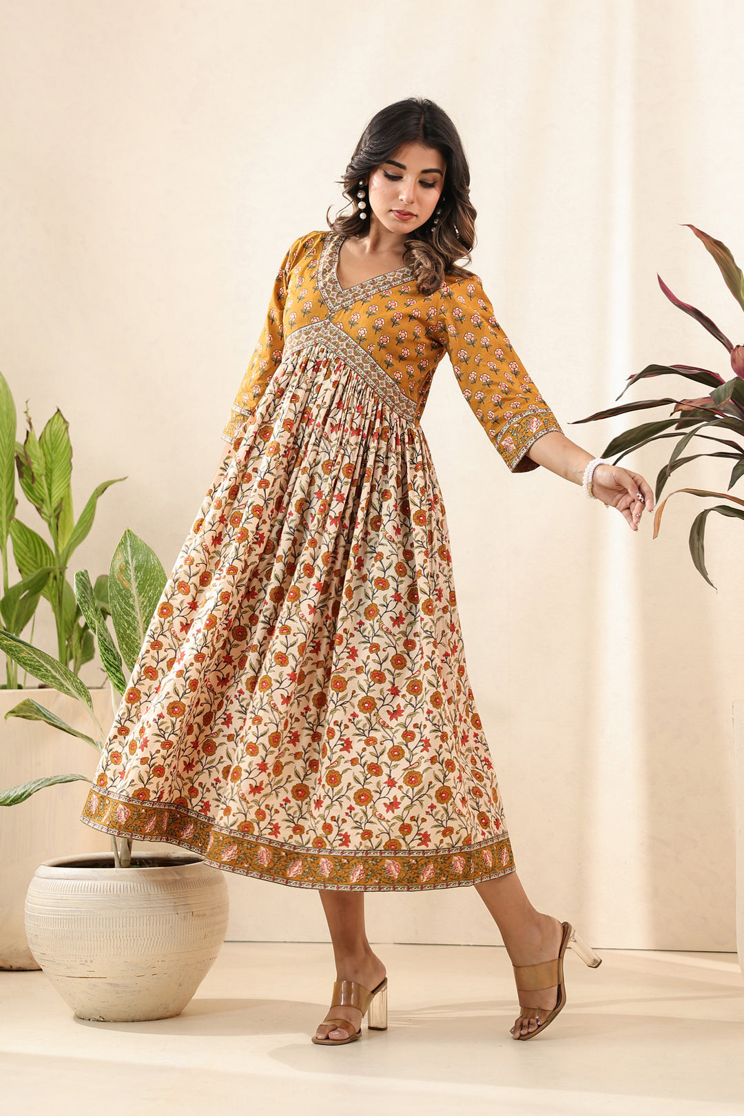 Mustard Beige Flare Nyra Dress