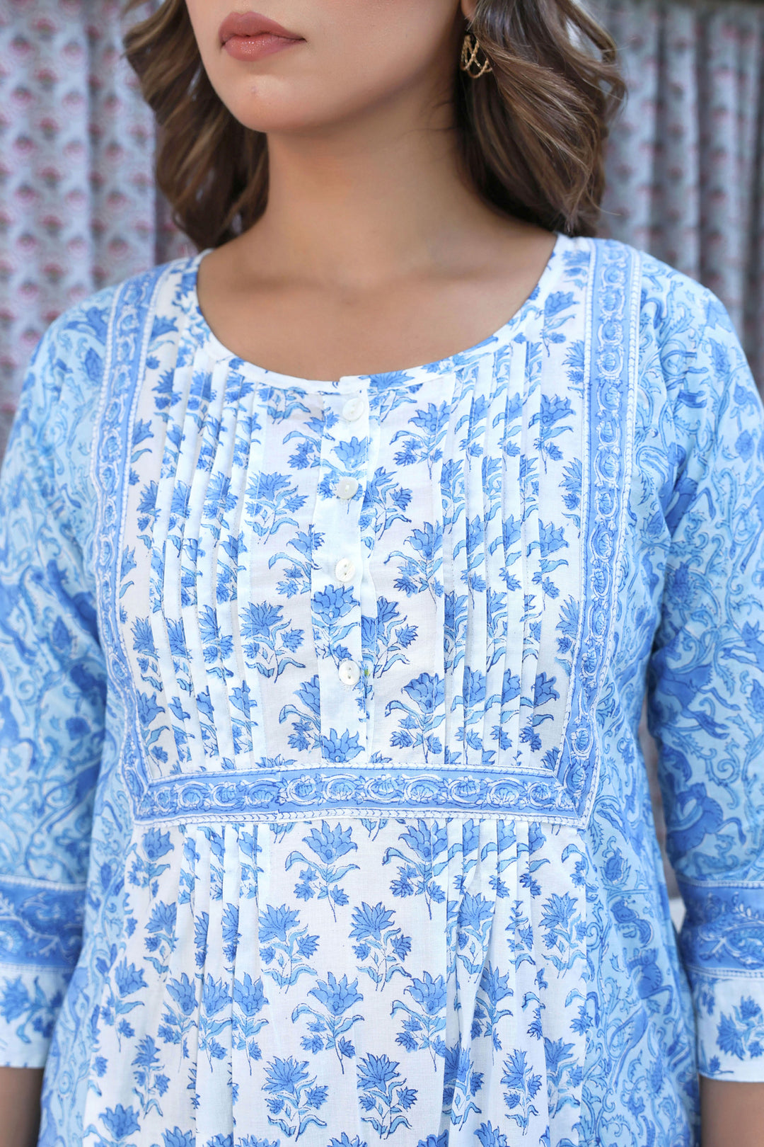 White Blue Floral Pintucks Panel Kurti