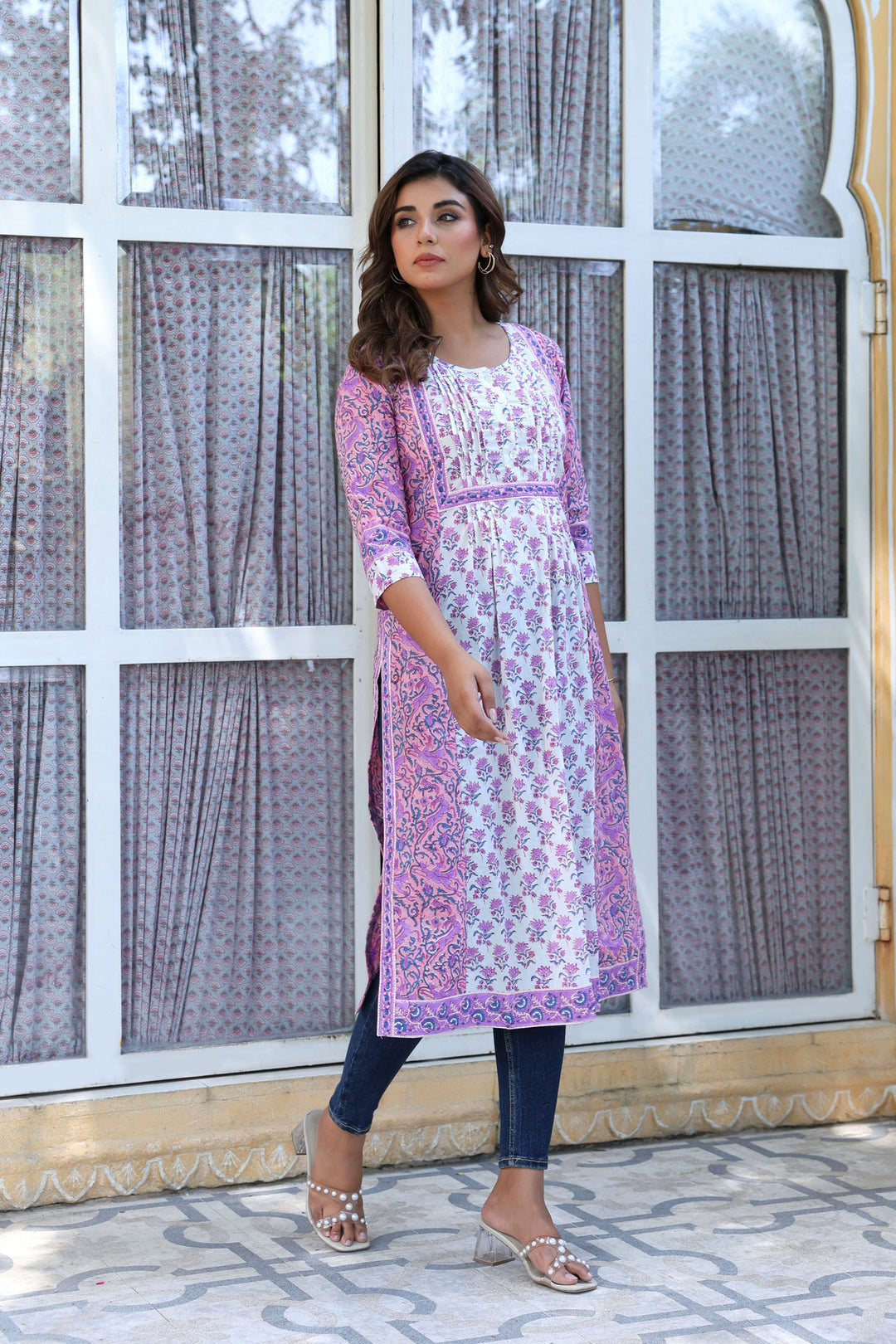 Purple Buti Floral Pintucks  Panel Kurti