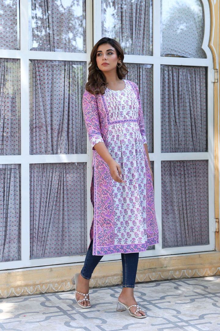 Purple Buti Floral Pintucks  Panel Kurti