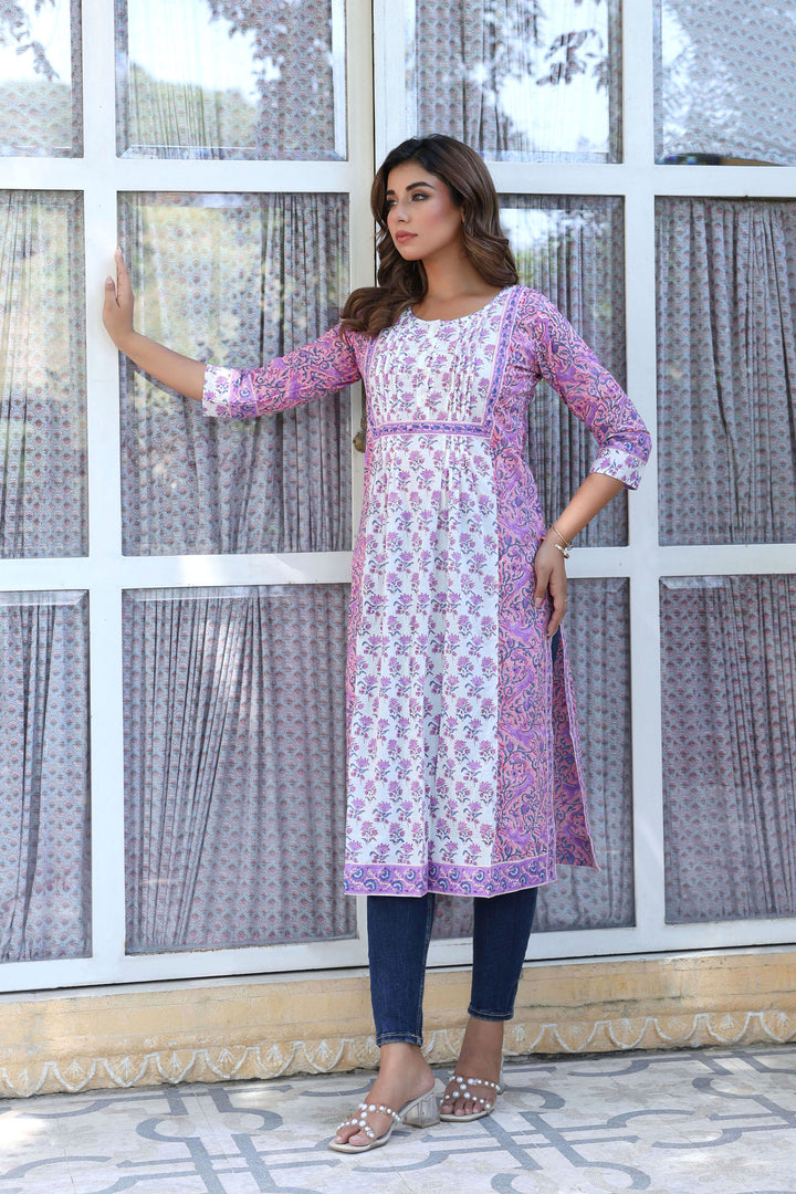 Purple Buti Floral Pintucks  Panel Kurti