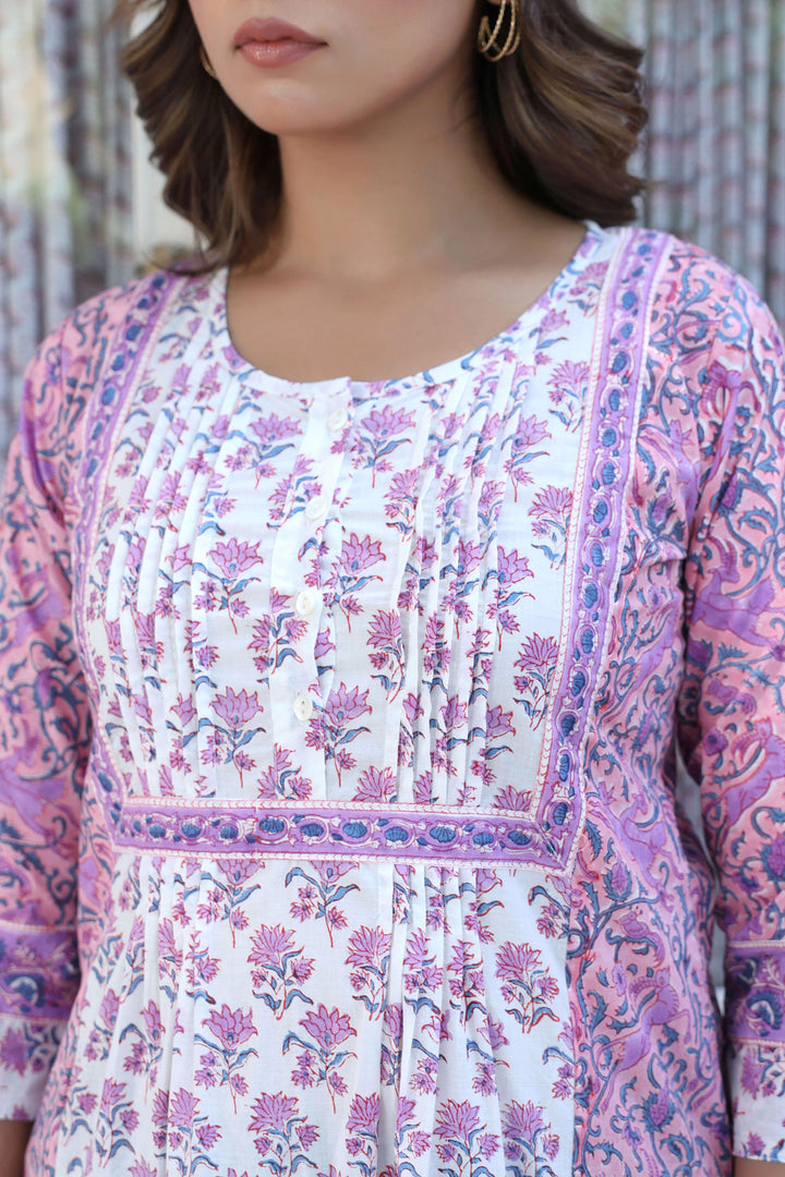 Purple Buti Floral Pintucks  Panel Kurti