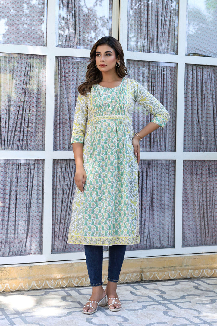 Green Yellow Buti Floral Pintucks  Panel Kurti