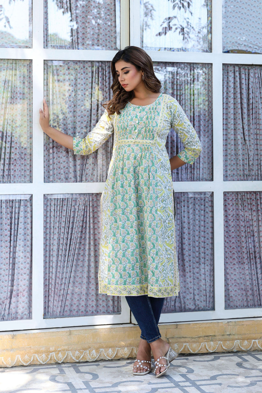 Green Yellow Buti Floral Pintucks  Panel Kurti