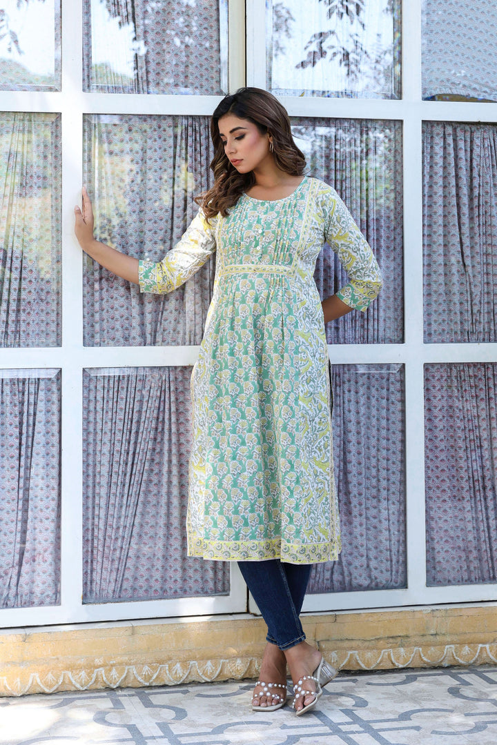 Green Yellow Buti Floral Pintucks  Panel Kurti