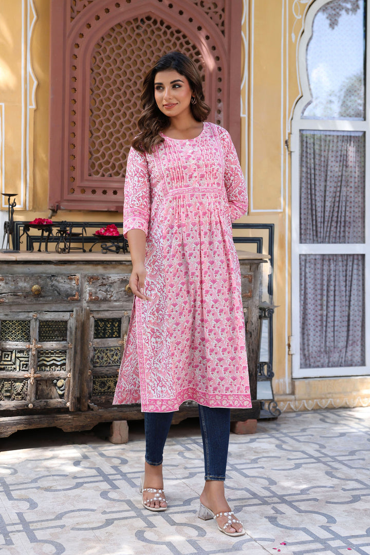 Pink White Floral Pintucks  Panel Kurti
