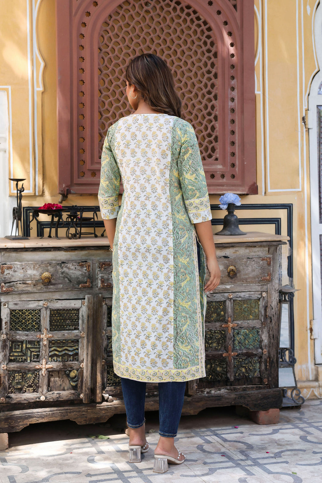 White Yellow Floral Pintucks  Panel Kurti