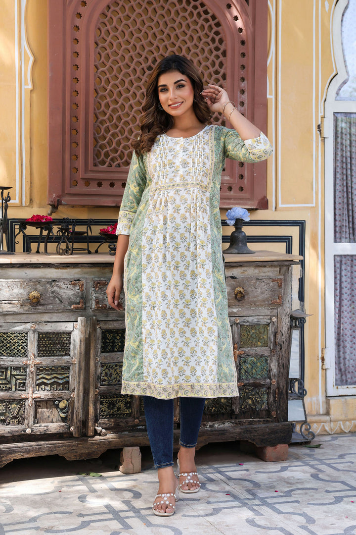 White Yellow Floral Pintucks  Panel Kurti