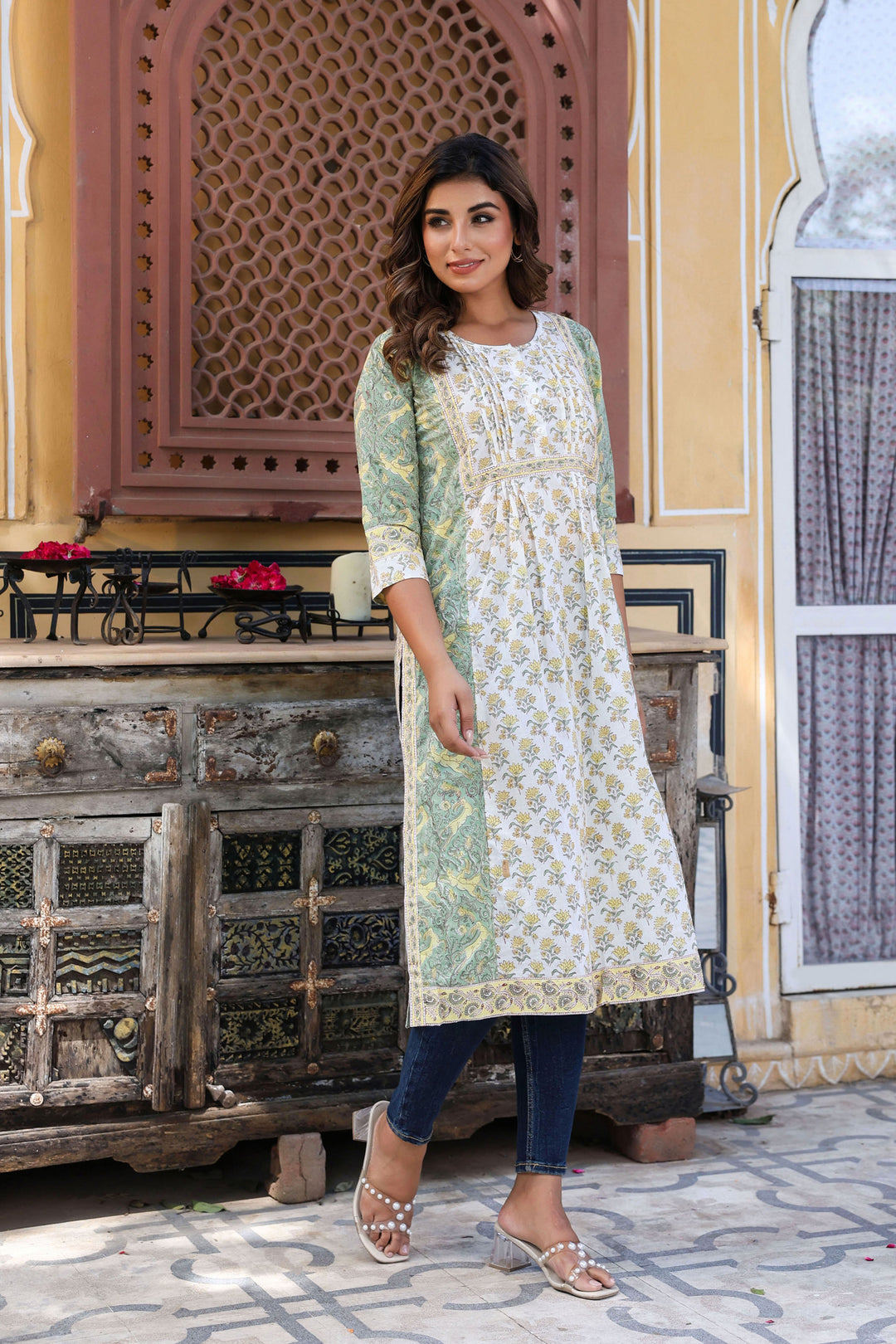 White Yellow Floral Pintucks  Panel Kurti