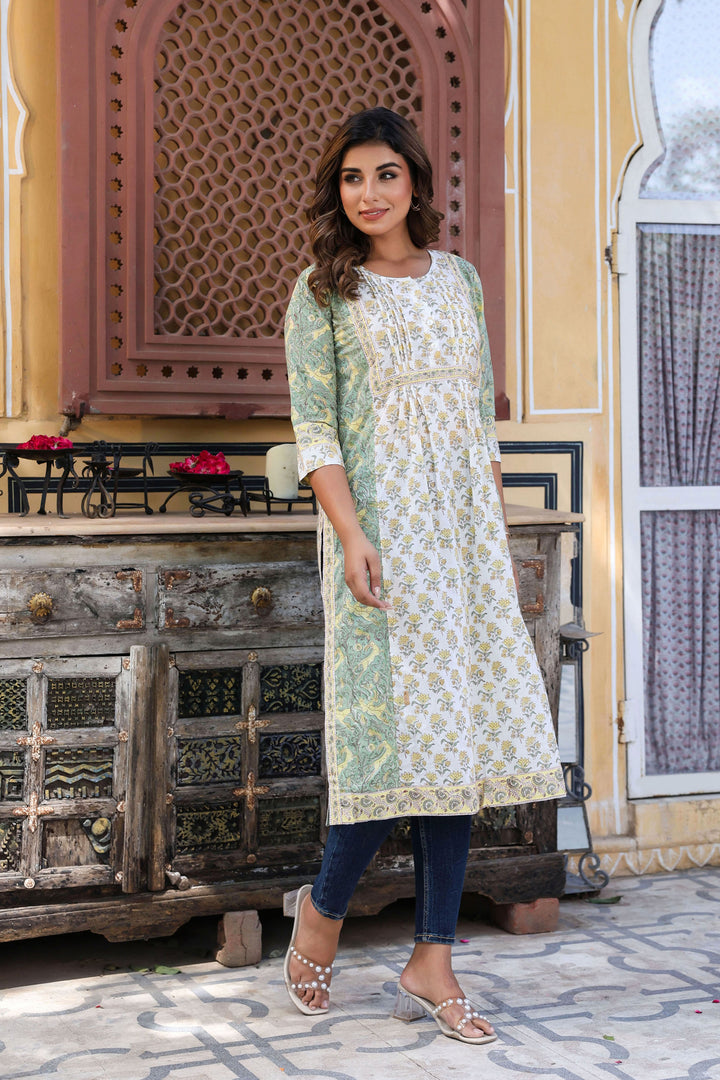 White Yellow Floral Pintucks  Panel Kurti