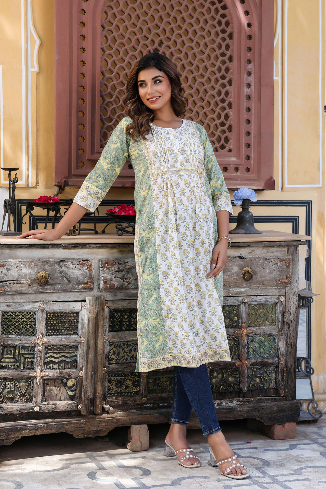 White Yellow Floral Pintucks  Panel Kurti
