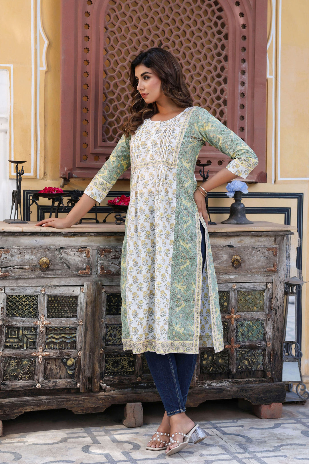White Yellow Floral Pintucks  Panel Kurti