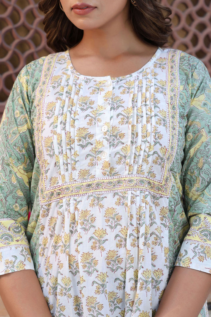White Yellow Floral Pintucks  Panel Kurti