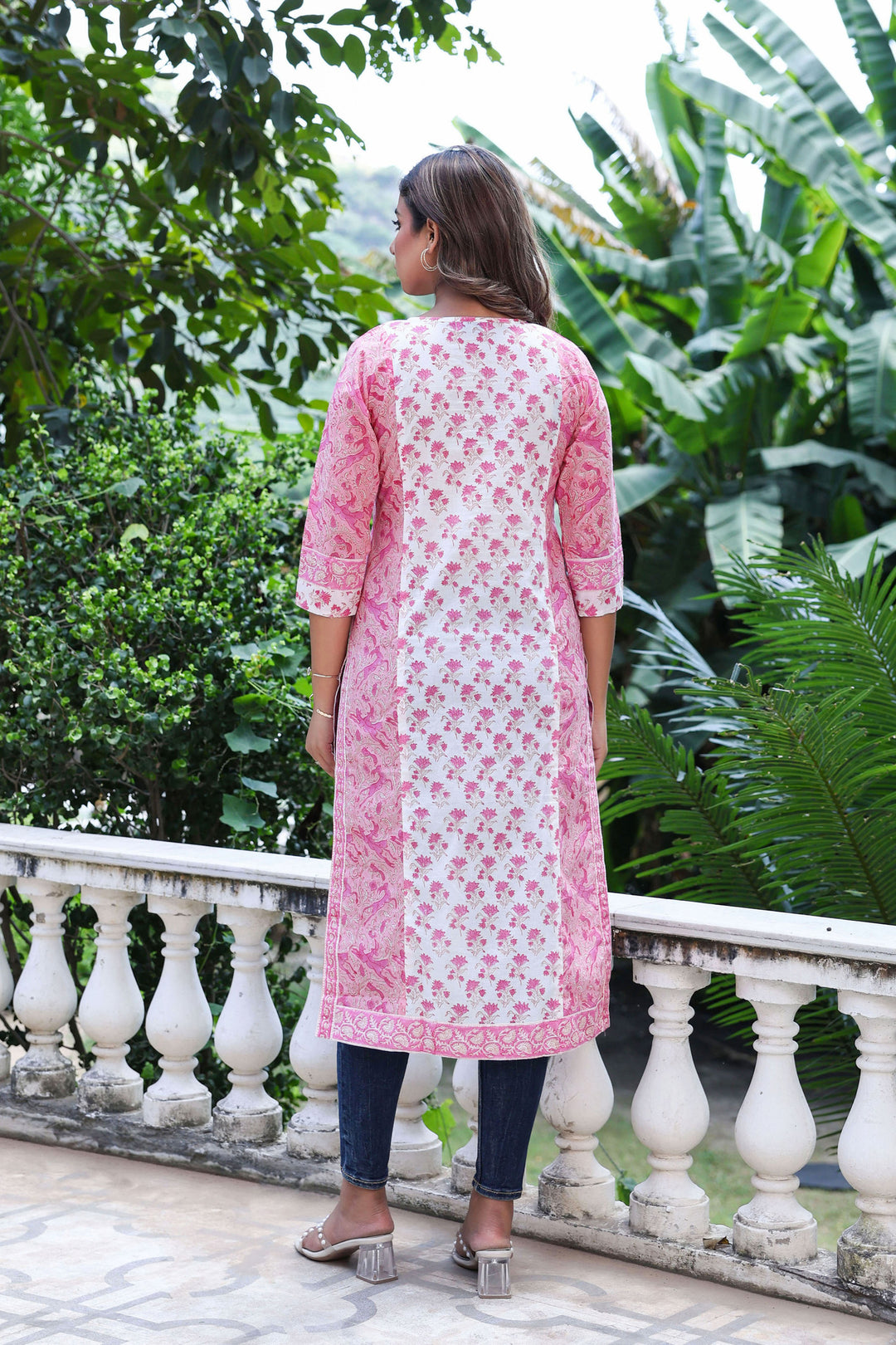 White Pink Floral Pintucks Panel Kurti