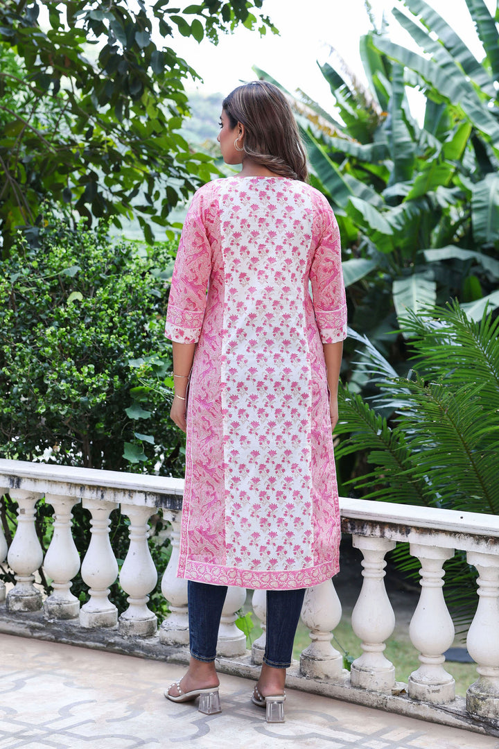 White Pink Floral Pintucks Panel Kurti