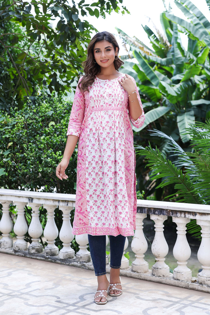 White Pink Floral Pintucks Panel Kurti