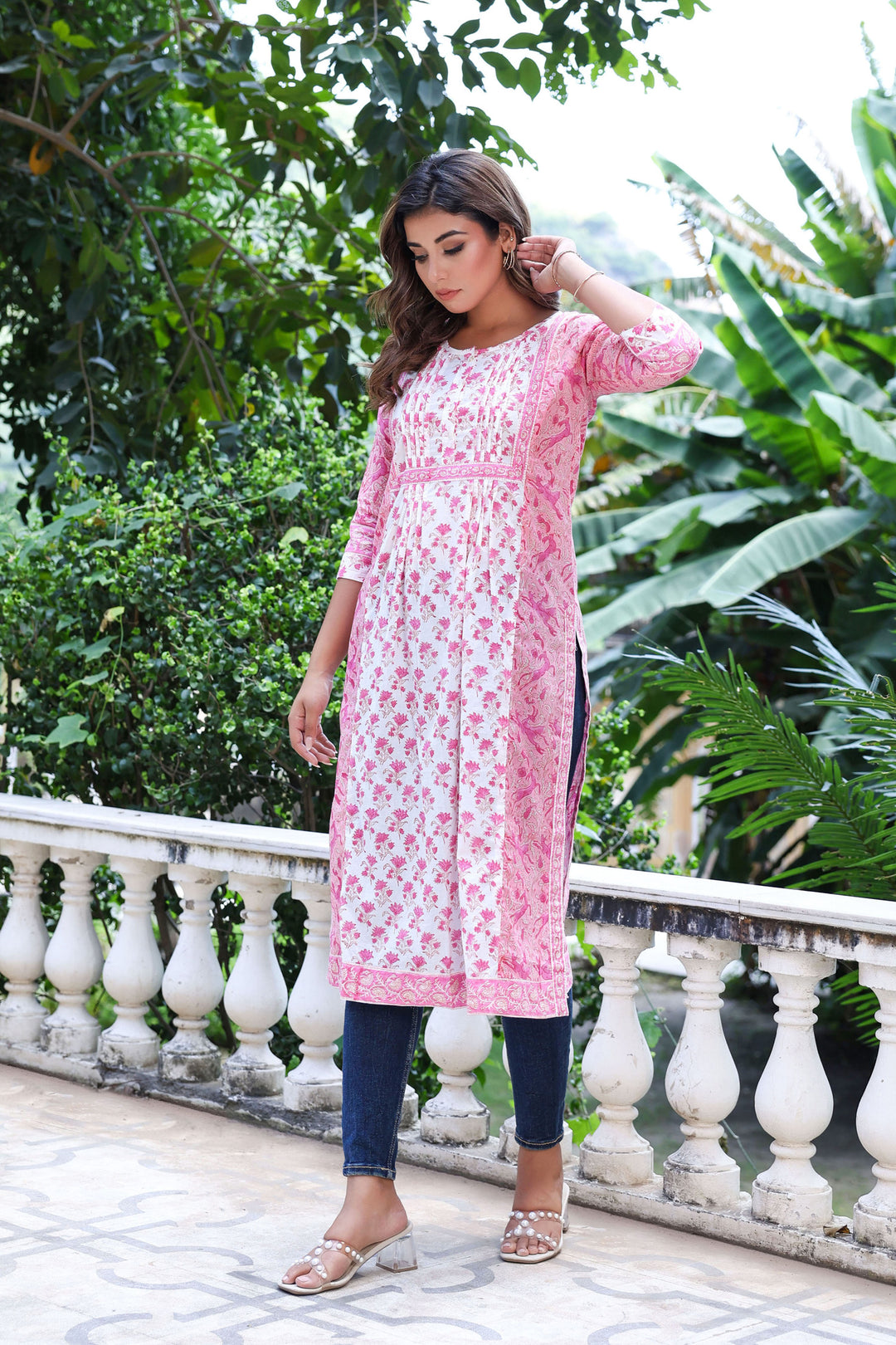 White Pink Floral Pintucks Panel Kurti