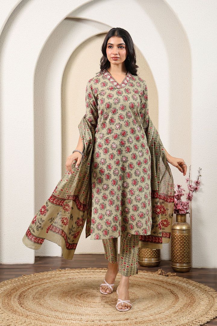Grey Red Blossom Kurta Set