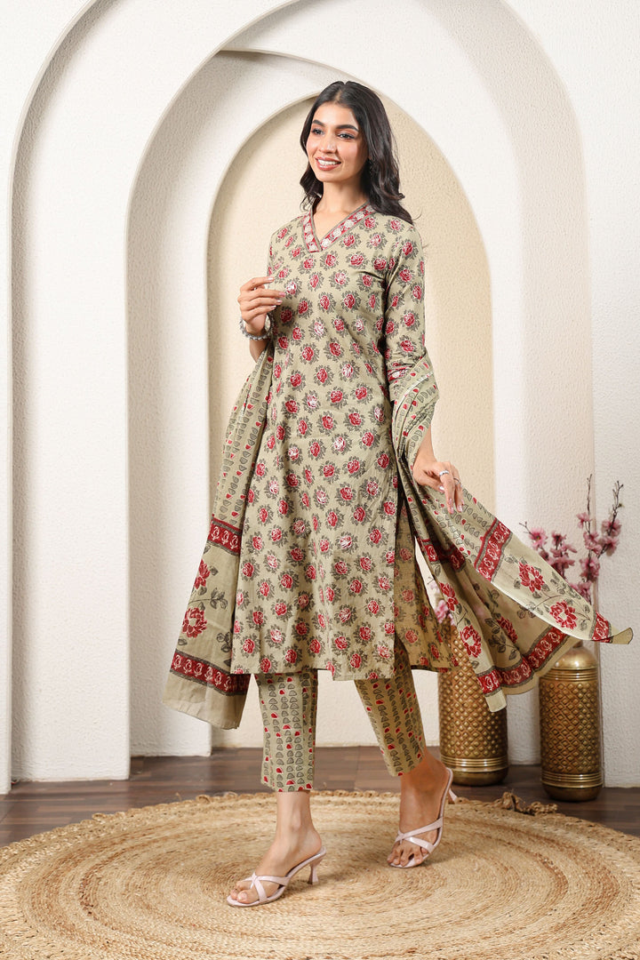 Grey Red Blossom Kurta Set