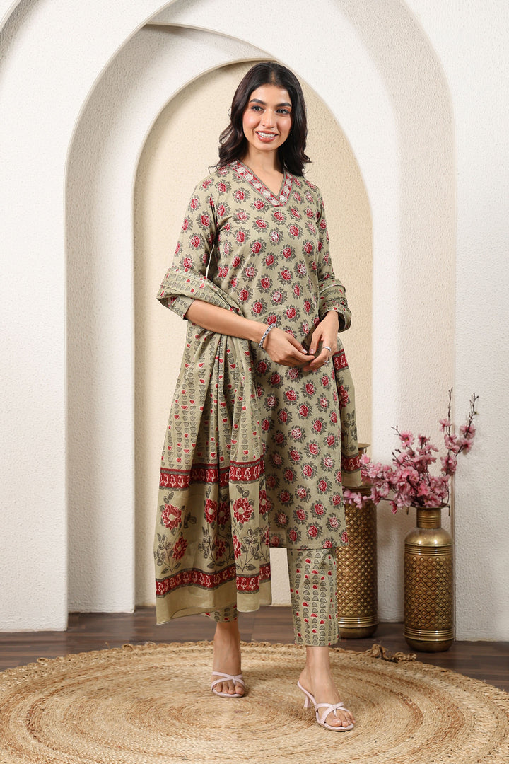 Grey Red Blossom Kurta Set