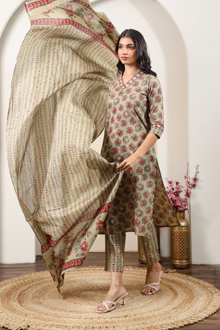 Grey Red Blossom Kurta Set