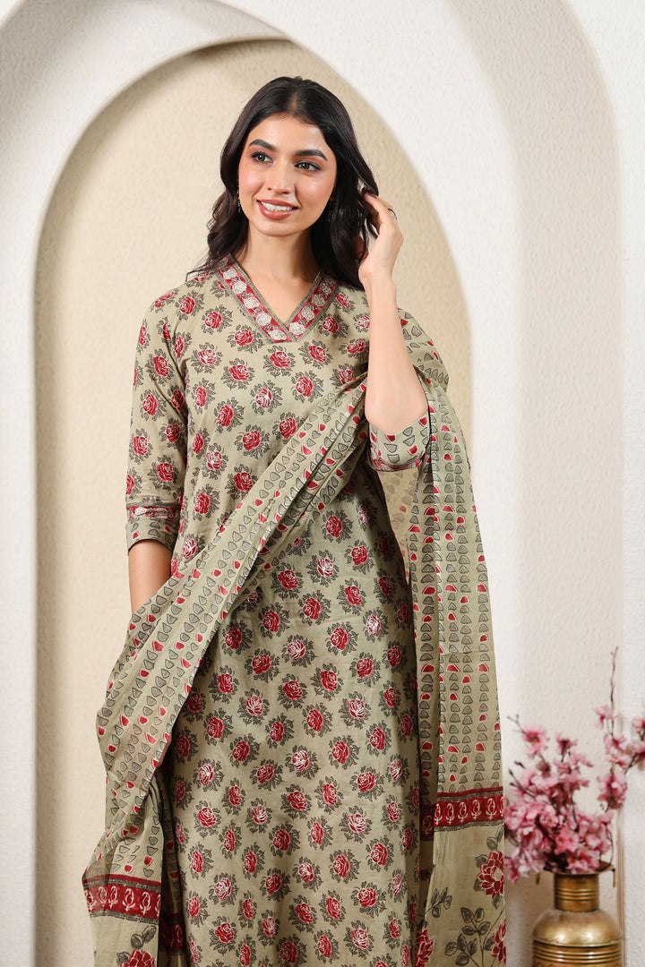 Grey Red Blossom Kurta Set