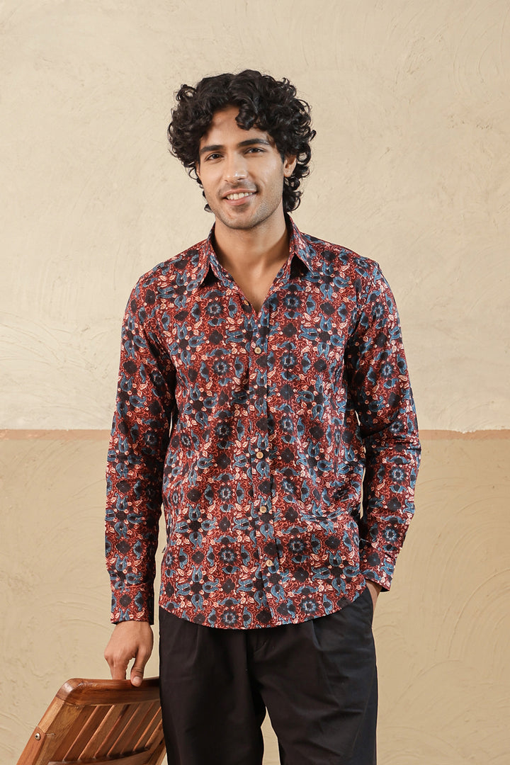 Red Blue Ajrakh Full Sleeve Shirt