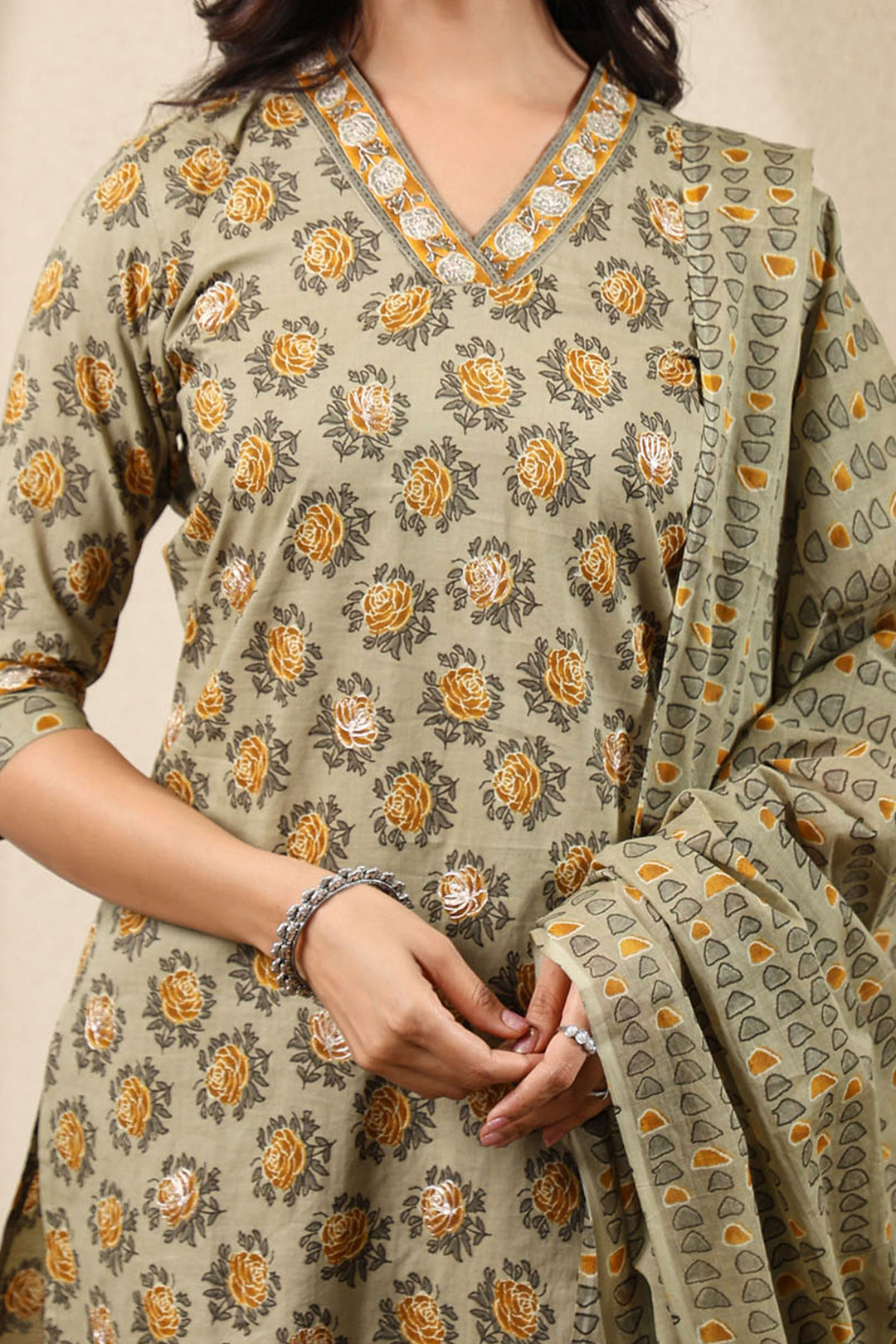 Grey Yellow Blossom Kurta Set