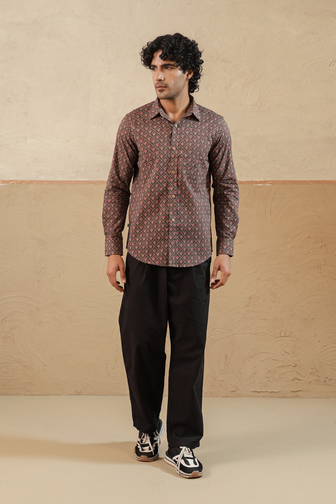 Brown Red Lotus Buti Full Sleeve Shirt