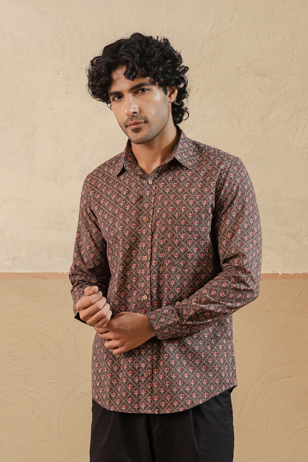 Brown Red Lotus Buti Full Sleeve Shirt