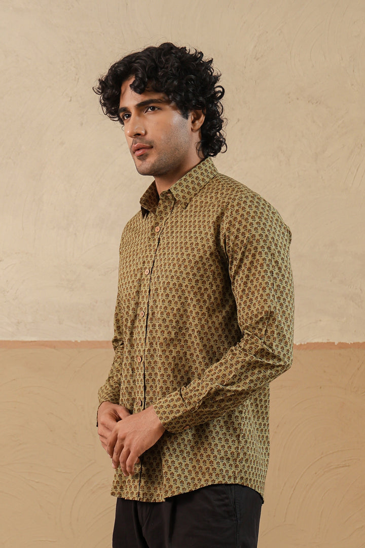 Olive Brown Floral Buti Full Sleeve Shirt