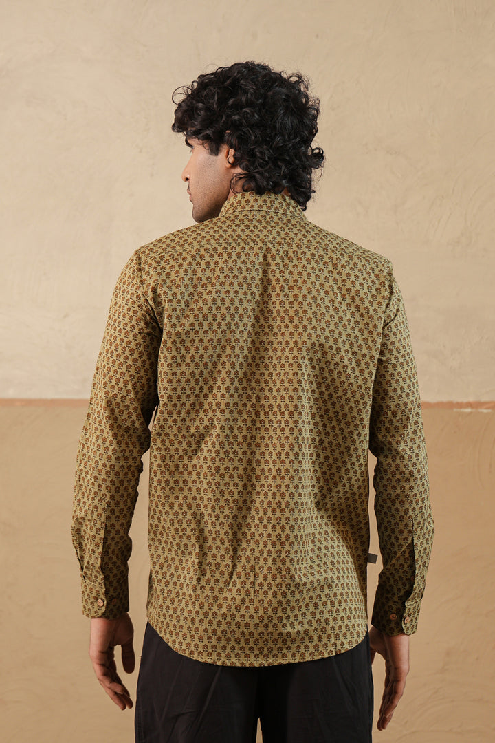 Olive Brown Floral Buti Full Sleeve Shirt