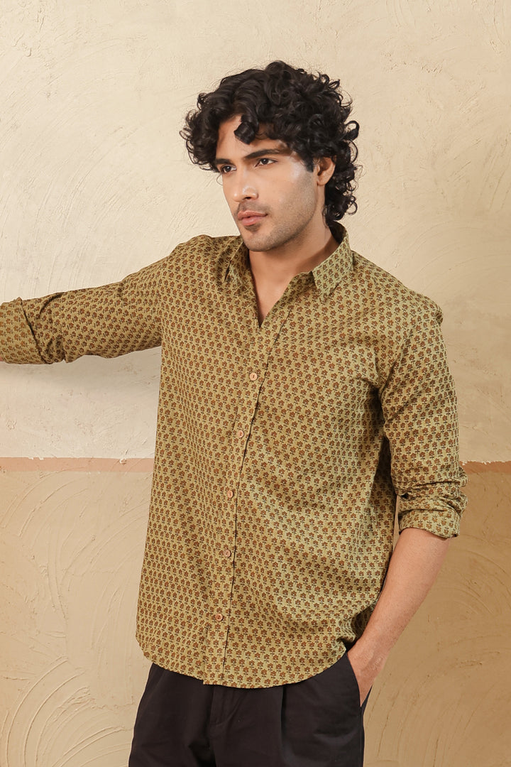 Olive Brown Floral Buti Full Sleeve Shirt
