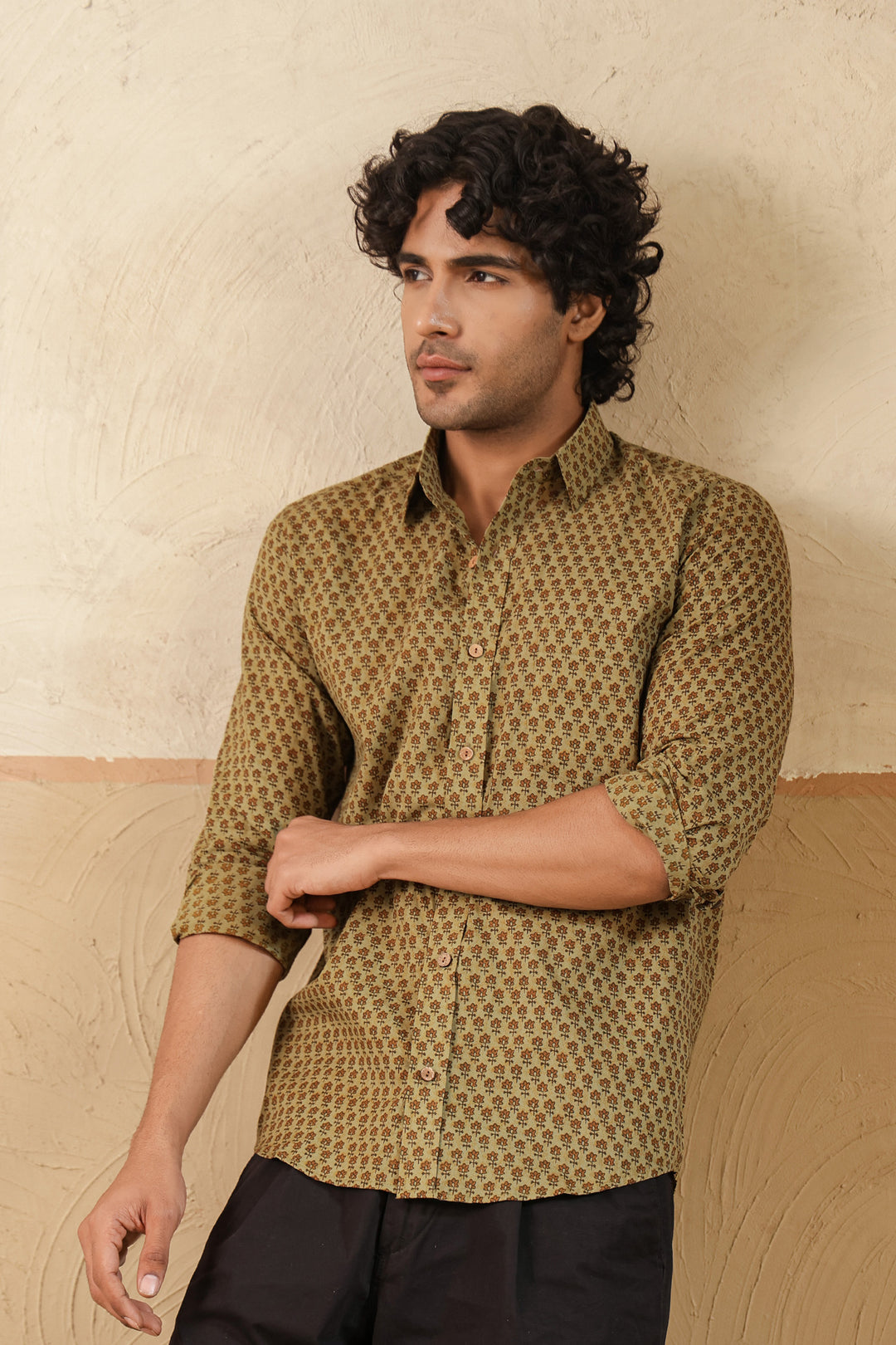 Olive Brown Floral Buti Full Sleeve Shirt