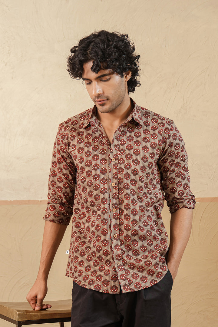 Brown Stripe Red Buti Full Sleeve Shirt