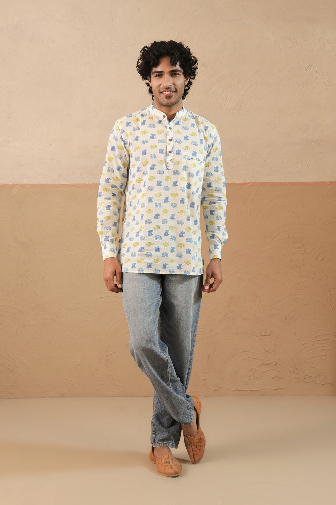 Yellow Blue Multi Elephant Short Kurta