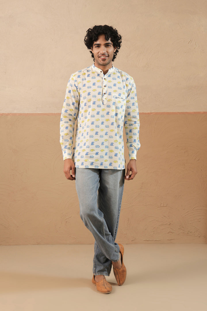 Yellow Blue Multi Elephant Short Kurta