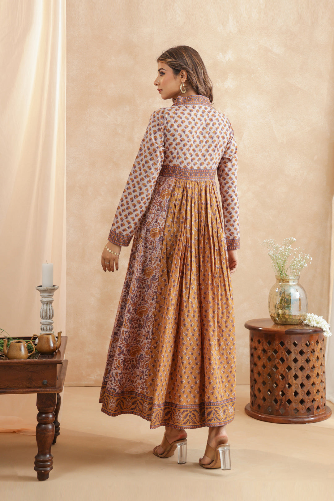 Mustard Grey Floral Panel Nyra Dress