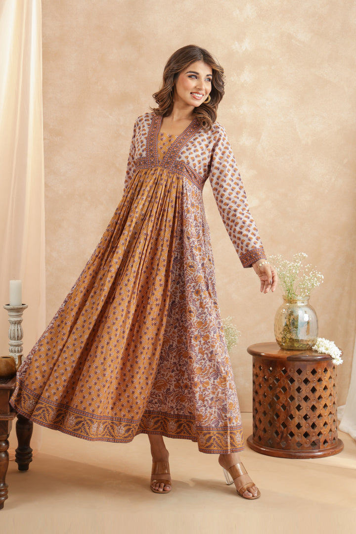 Mustard Grey Floral Panel Nyra Dress