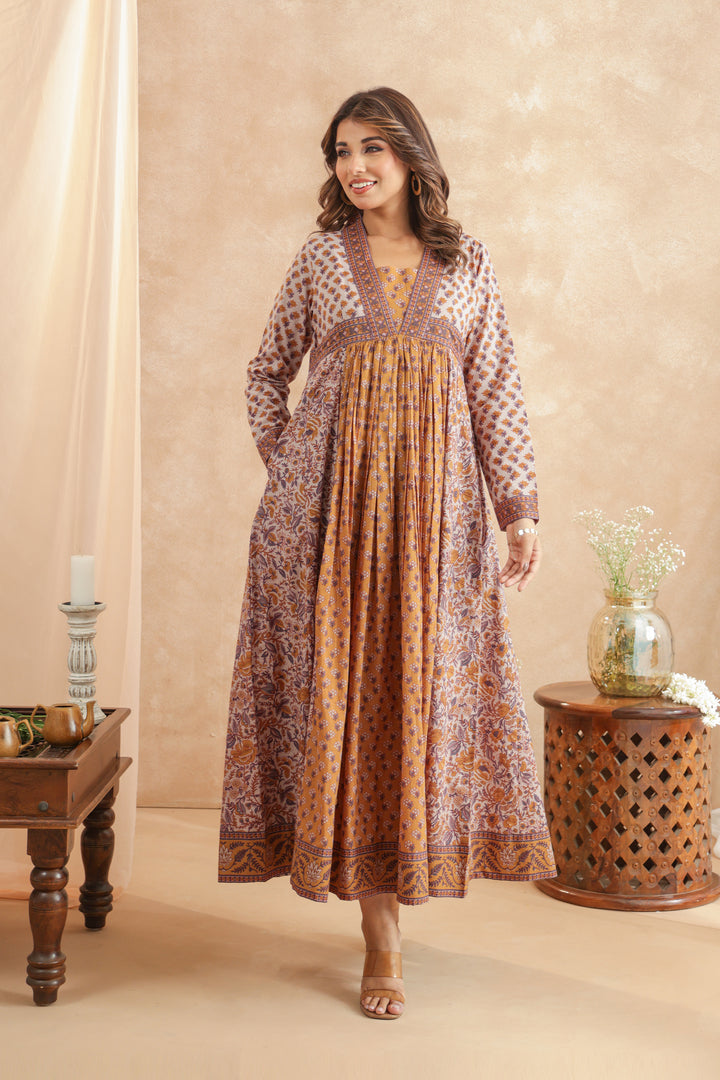 Mustard Grey Floral Panel Nyra Dress