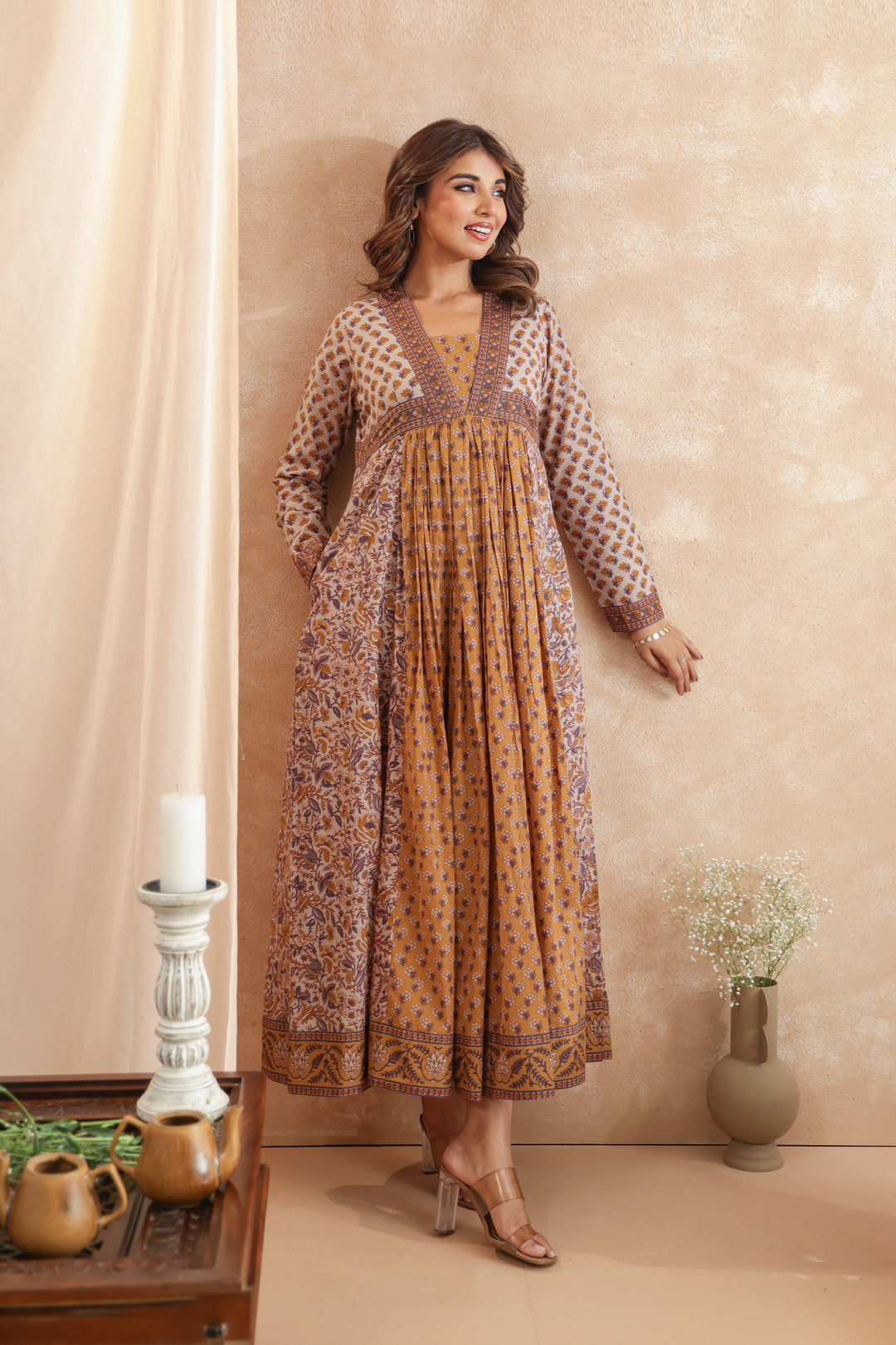 Mustard Grey Floral Panel Nyra Dress